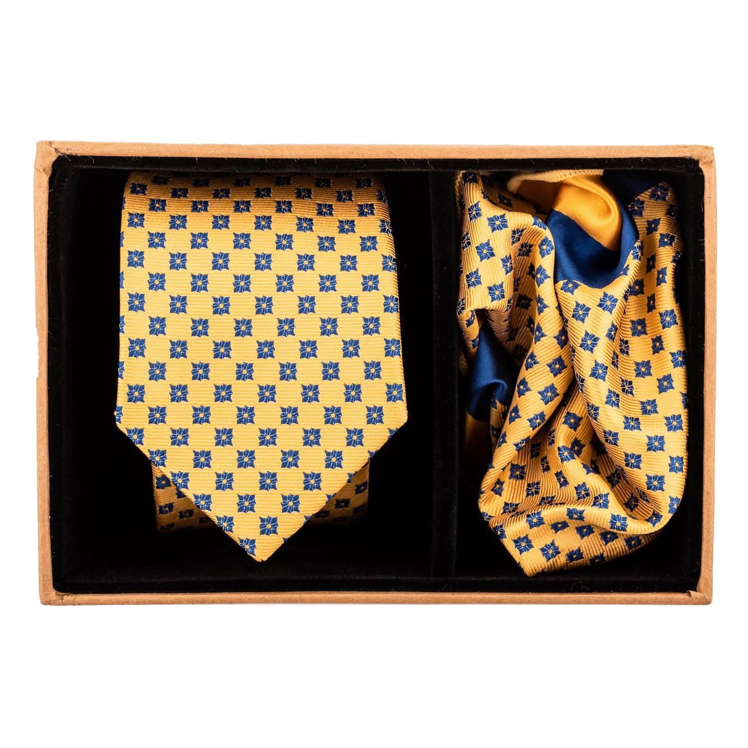Yellow With Blue Star Necktie and Pocket Square Combo