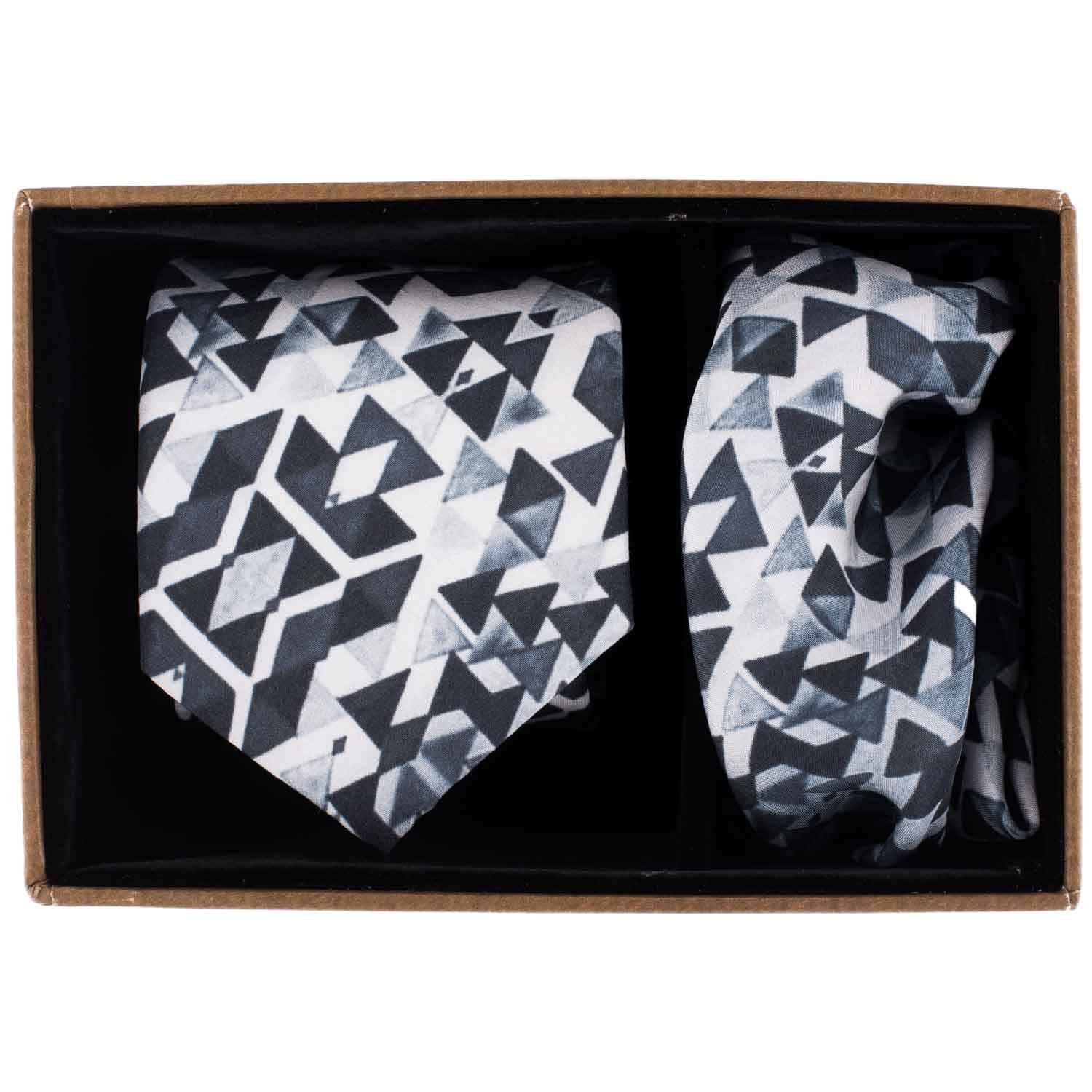 Festival Print Grey And White 100% Silk Necktie Combo Box