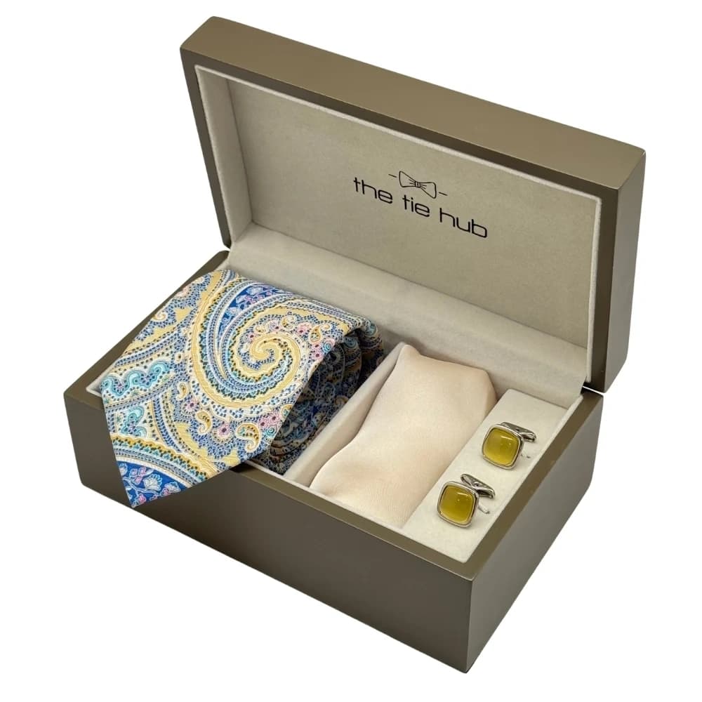 Yellow & Blue Paisley Necktie with Yellow Cufflinks & Beige Pocket SquareCombo For Men