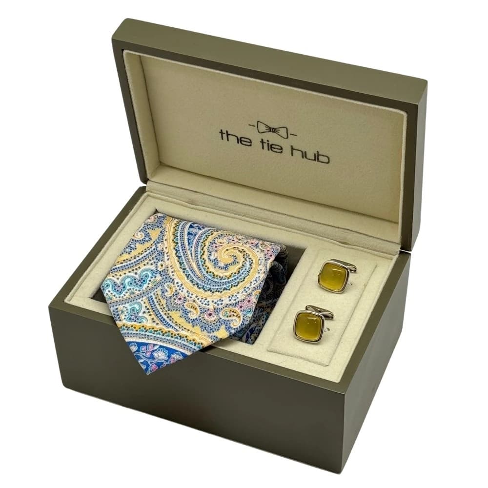 Multicolor Paisley Silk Necktie with Yellow Cufflinks Combo for Men - Printed Design