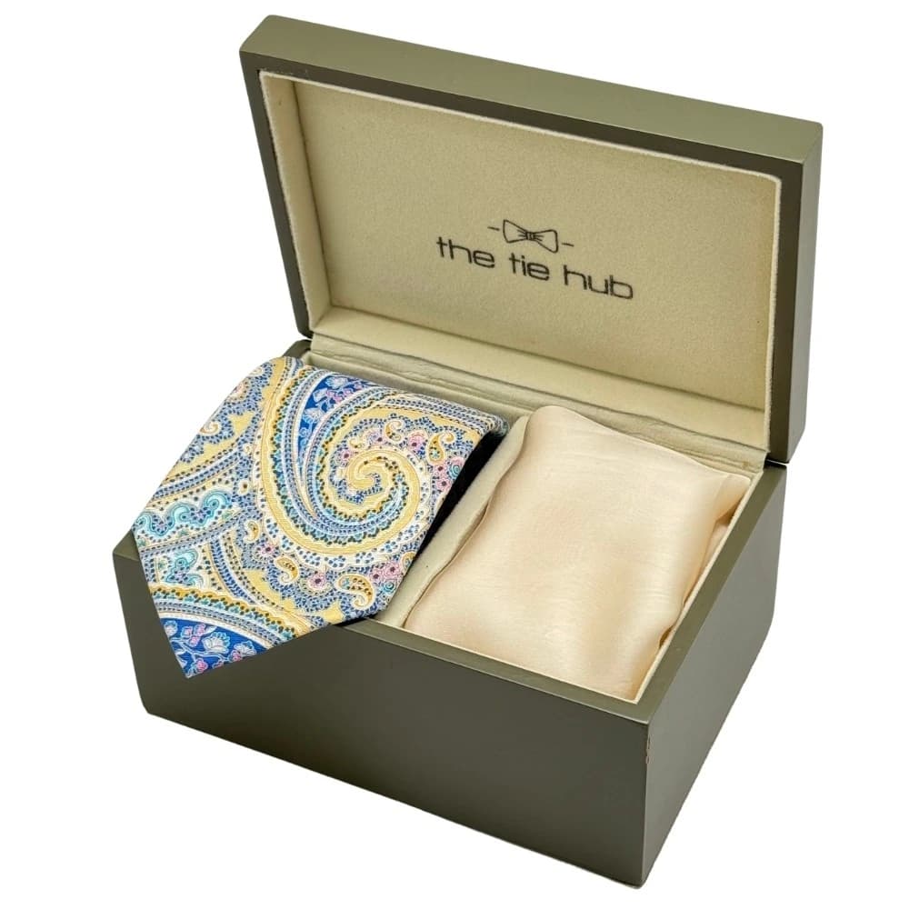 Multicolor Paisley Silk Necktie with Cream Pocket Square Gift Set