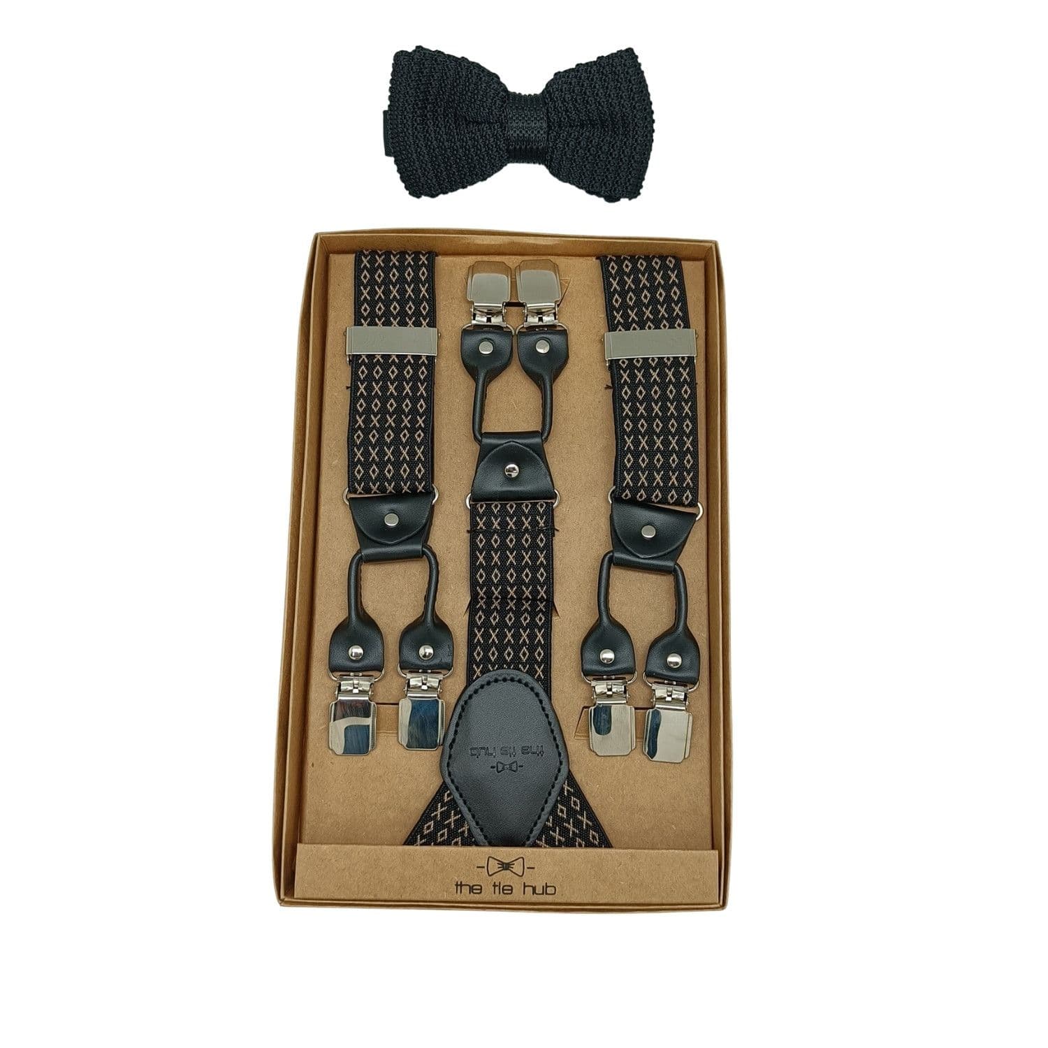 Tic Tac Toe Black and Off White Y Back Suspender and Black Solid Knitted Bow Tie