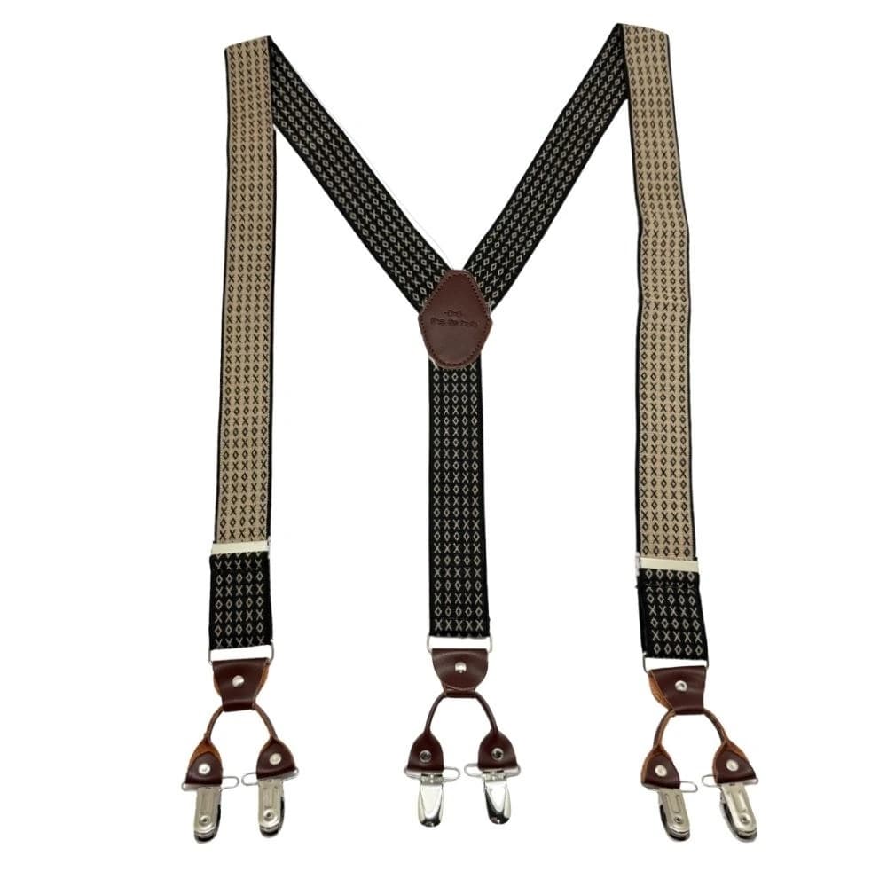 Black Geometric Y-Back Clip-On Suspenders for Men