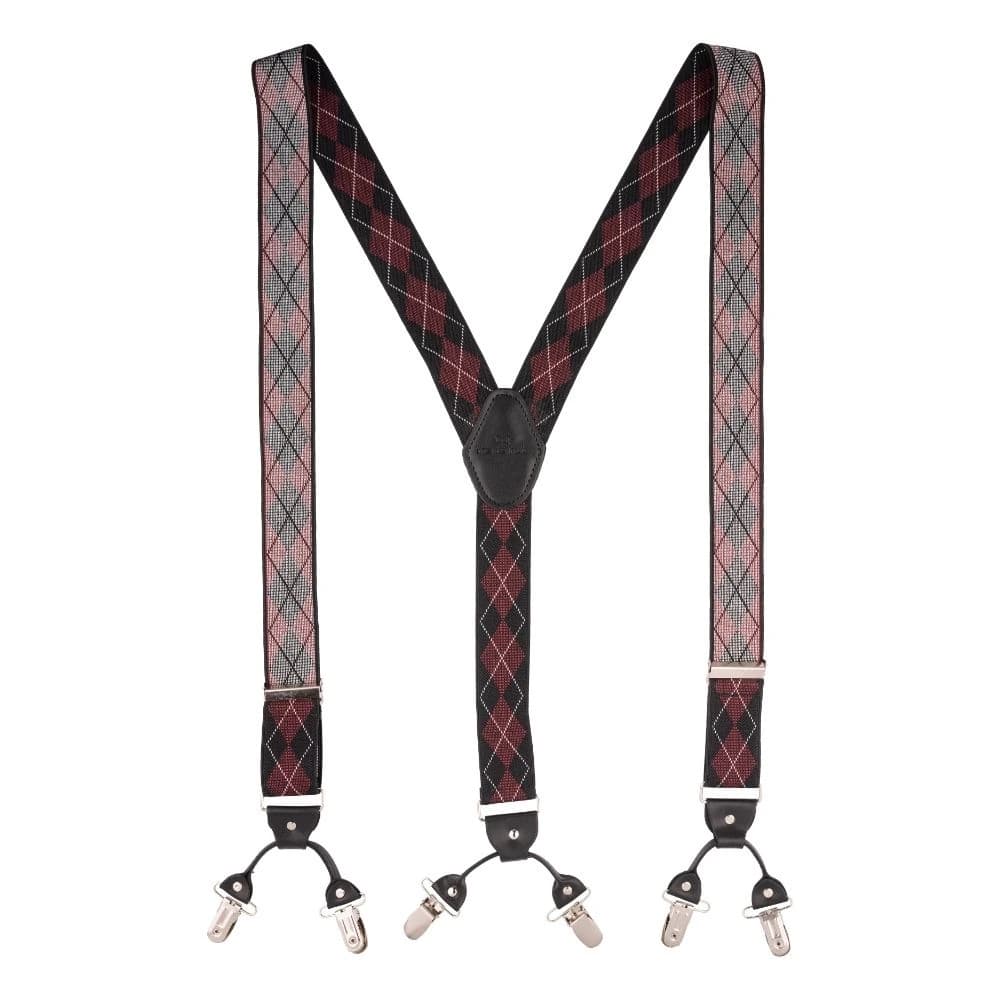 Burgundy Geometric Y-Back Clip-On Suspenders for Men