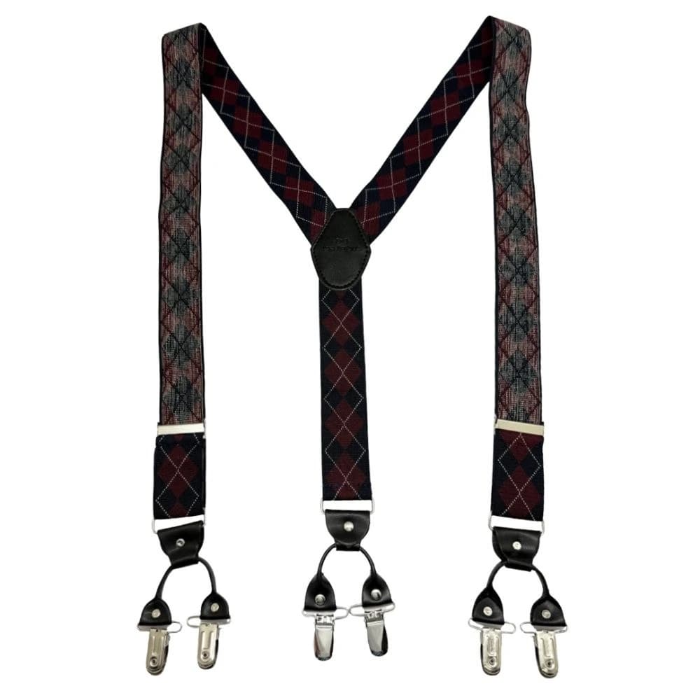 Burgundy Checkered Y-Back Clip-On Suspenders for Men