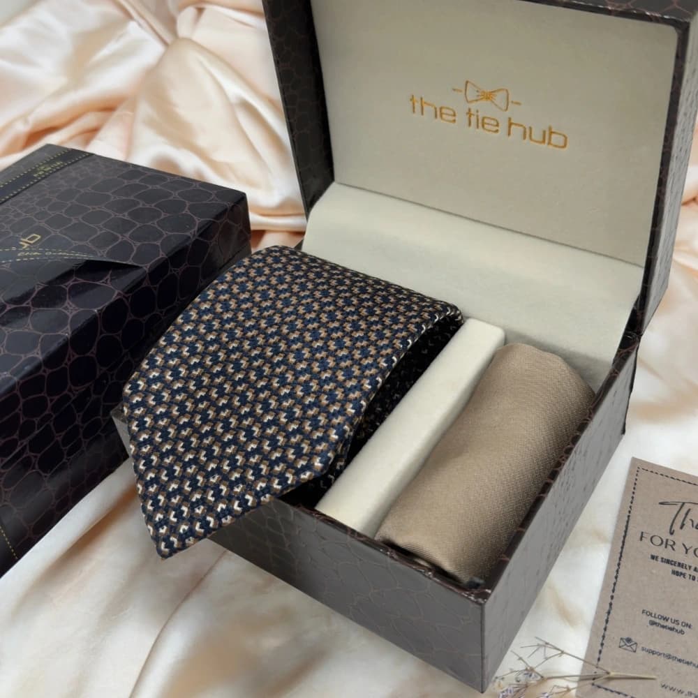 Navy Blue Geometric Silk Necktie and Solid Beige Pocket Square Gift Set ? Elegant Formal Accessory for Men