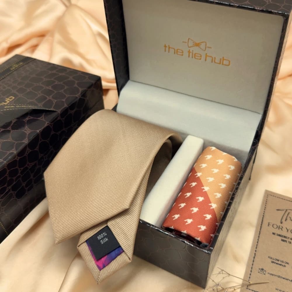 Solid Beige Silk Necktie and Multicolor Geometric Microfiber Pocket Square Gift Set ? Elegant Formal Accessory for Men