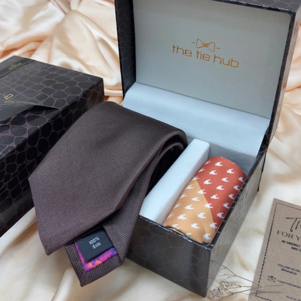 Solid Dark Brown Silk Necktie and Multicolor Geometric Microfiber Pocket Square Gift Set ? Elegant Formal Accessory for Men