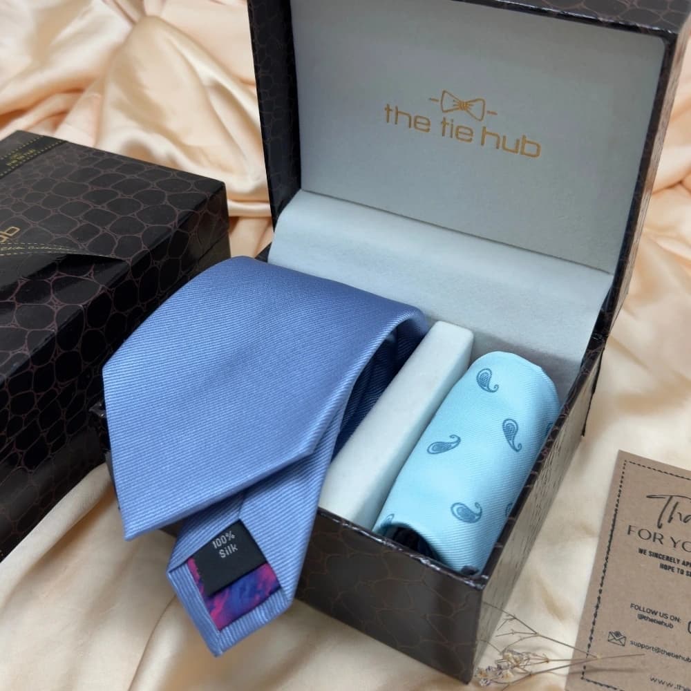 Solid Sky Blue Silk Necktie and Paisley Border Microfiber Pocket Square Gift Set ? Elegant Formal Accessory for Men