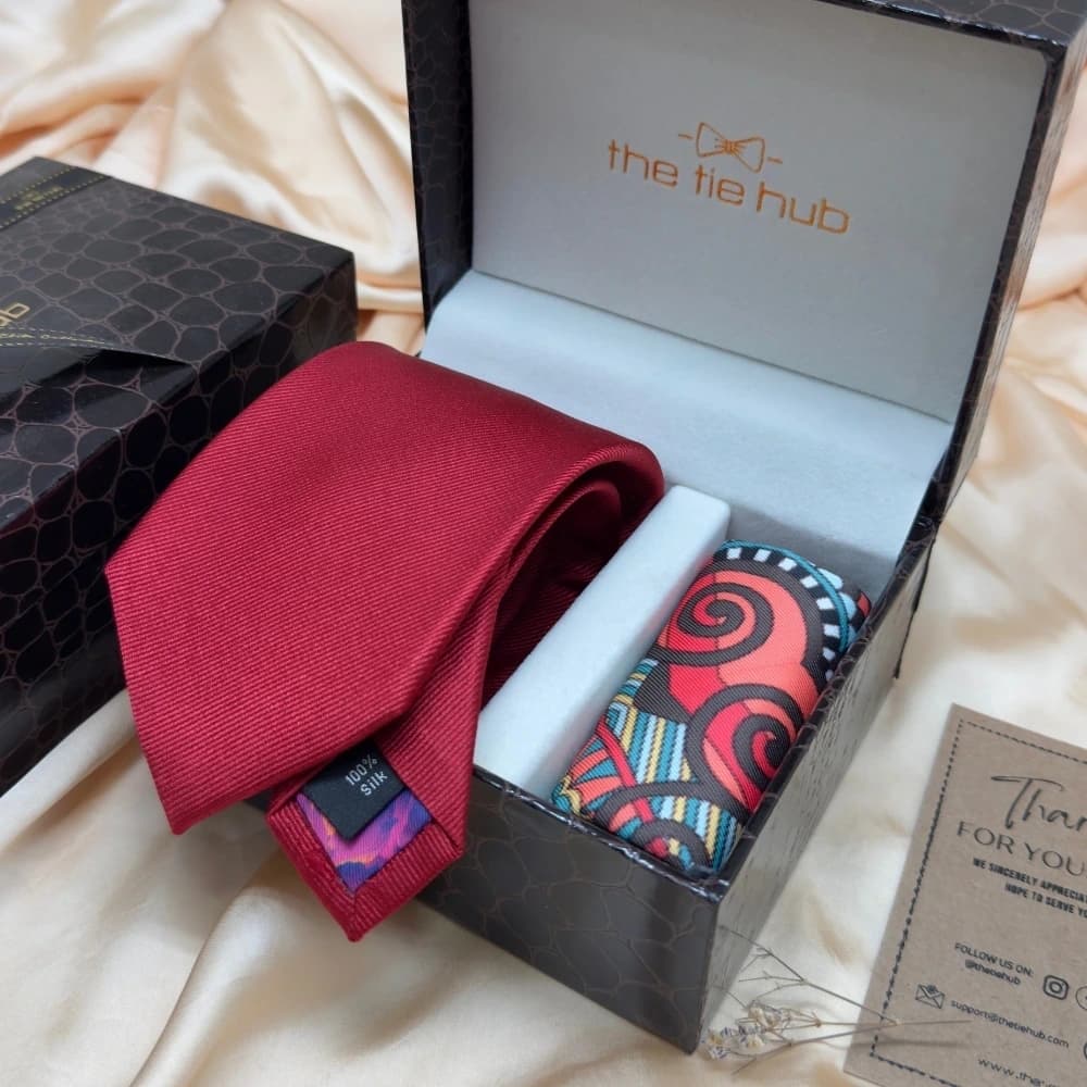 Solid Red Silk Necktie and Multicolor Ornamental Microfiber Pocket Square Gift Set ? Elegant Formal Accessory for Men