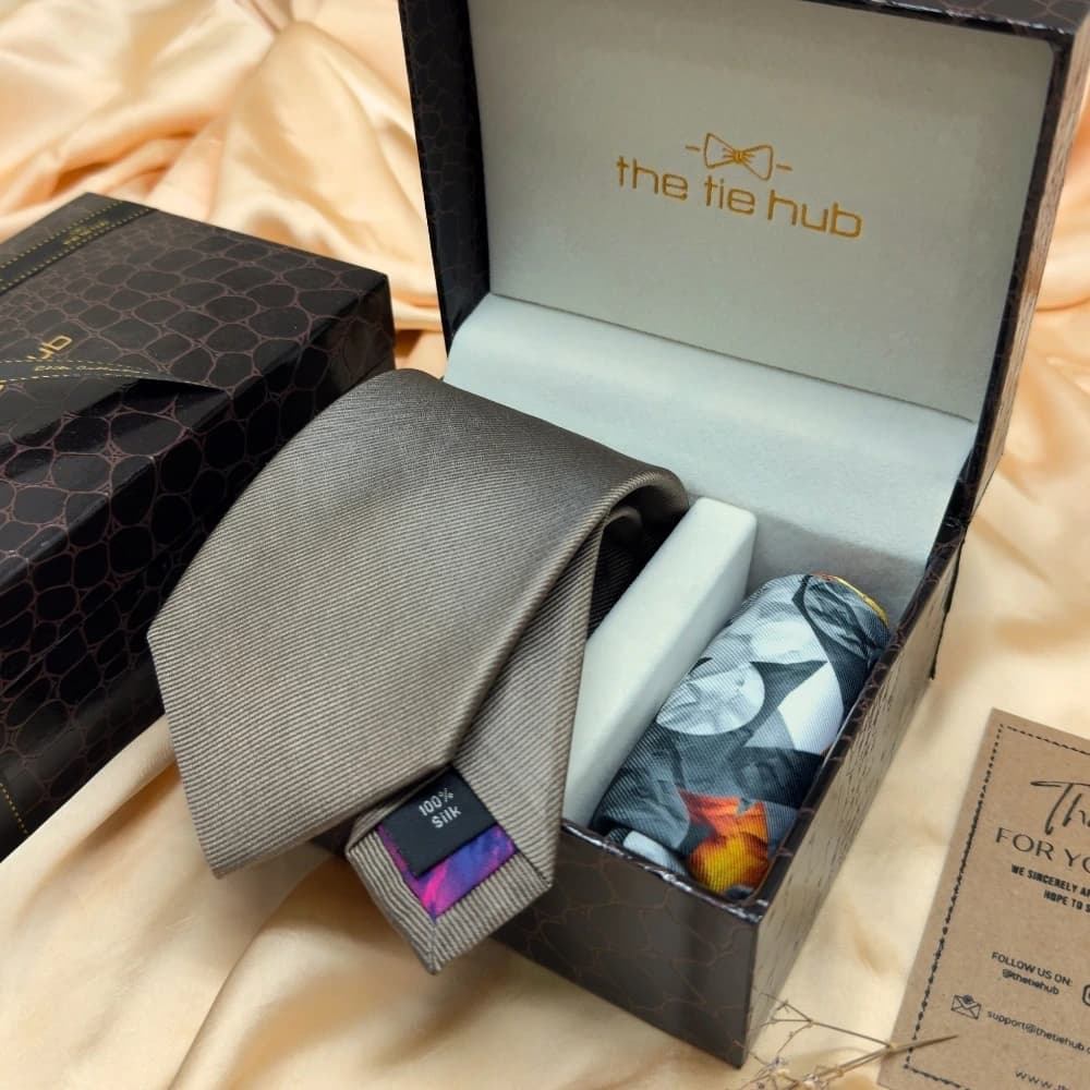 Solid Light Brown Silk Necktie and Multicolor Abstract Microfiber Pocket Square Gift Set ? Elegant Formal Accessory for Men