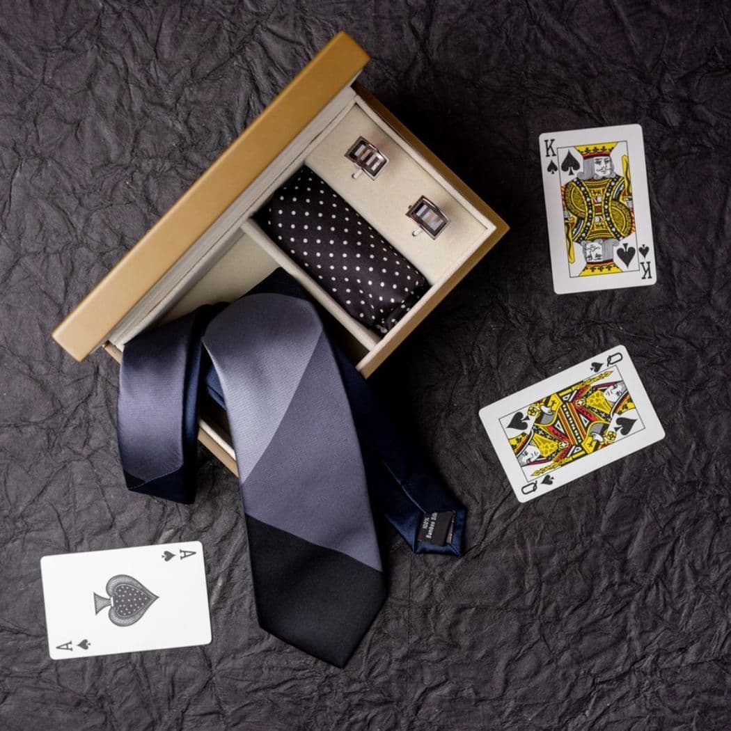 Grey and Black Diagonal Necktie Gift Set - Tie with Pocket Square and Abalone Cufflinks | Elegant Wedding Accessories for Men