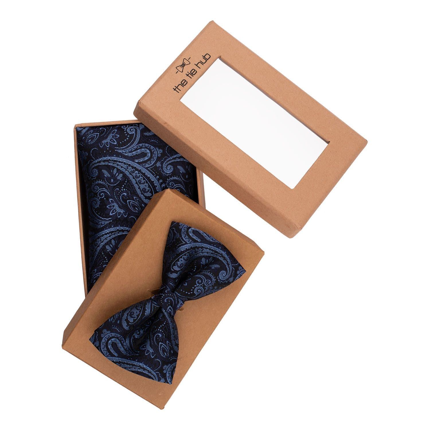 Paisley Navy Blue Microfiber Bow Tie and Pocket Square Gift Set for Men
