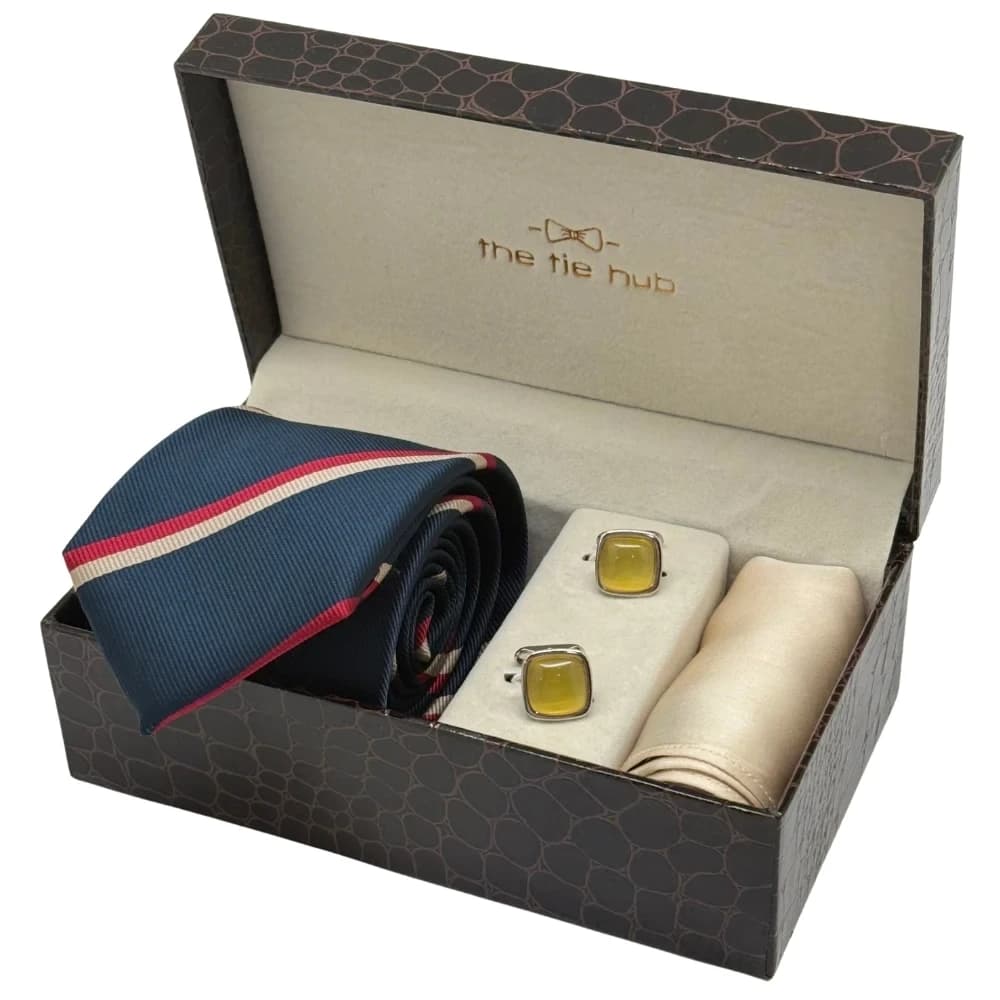 Navy Blue with Red & Beige Stripe Necktie with Yellow Cufflinks & Cream Pocket SquareCombo For Men
