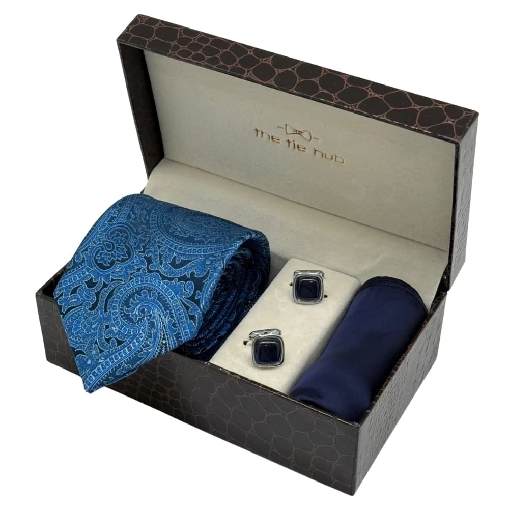 Royal Blue Paisley Necktie with Blue Cufflinks & Navy Blue Pocket Square Combo For Men