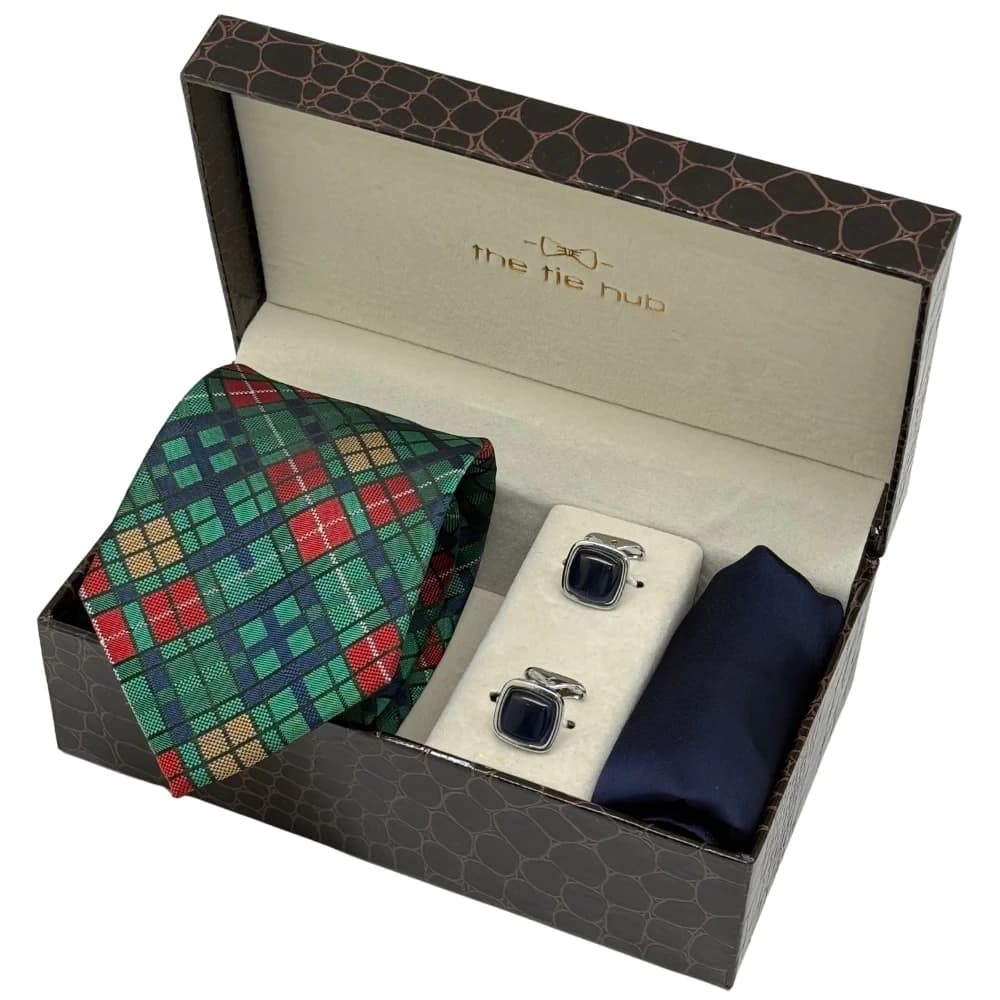 Green, Red & Blue Tartan Necktie with Navy Blue Cufflinks & Pocket Square Combo For Men