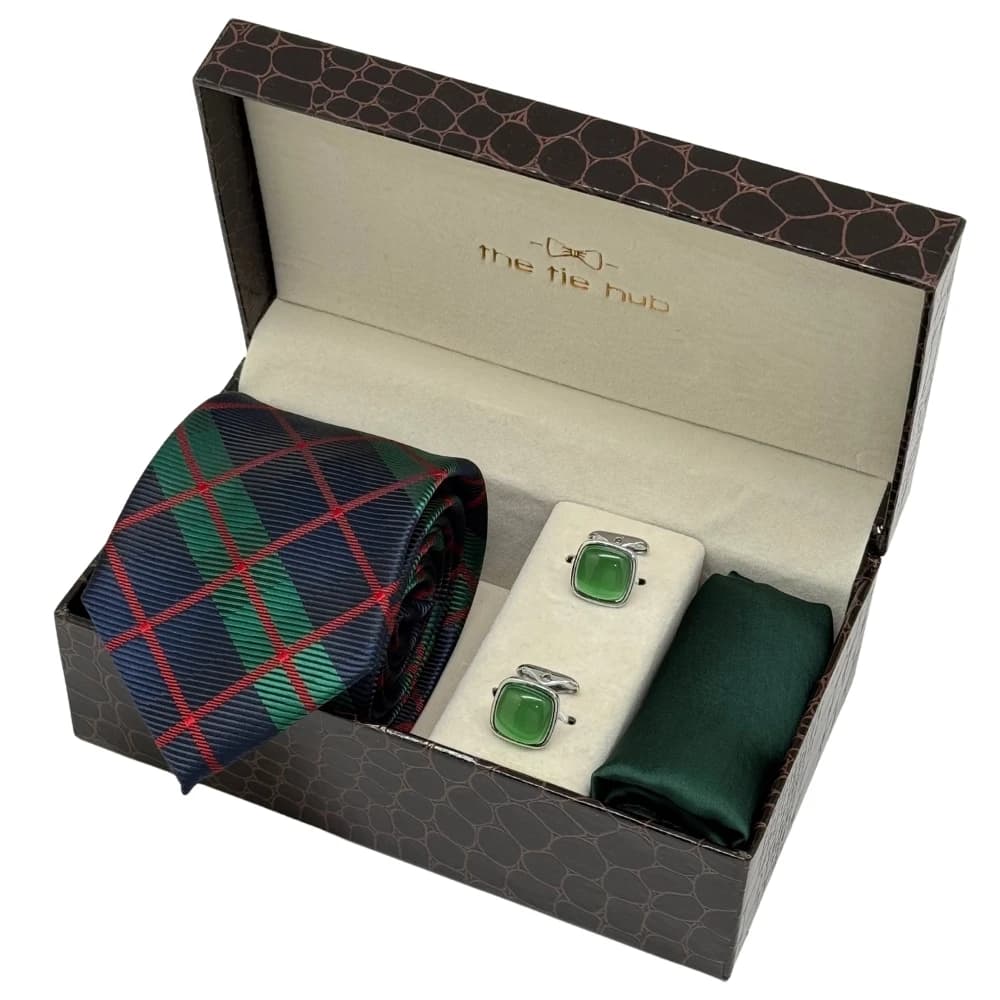 Navy Blue & Green Check Necktie with Light Green Cufflinks & Dark Green Pocket SquareCombo For Men