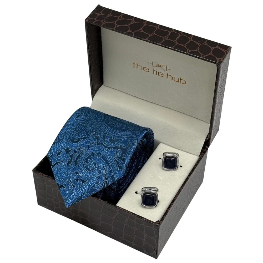 Blue Silk Paisley Necktie with Navy Blue Cufflinks Combo for Men