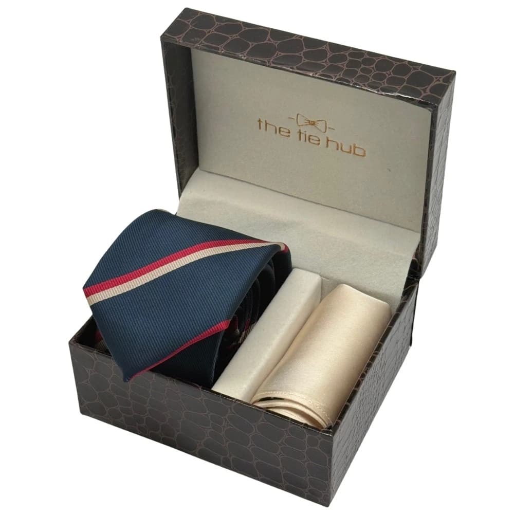 Navy Blue & Red Stripes Necktie with Beige Pocket Square Combo for Men